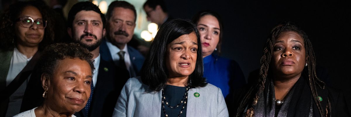 Reps. Barbara Lee, Pramila Jayapal, and Cori Bush talk with reporters