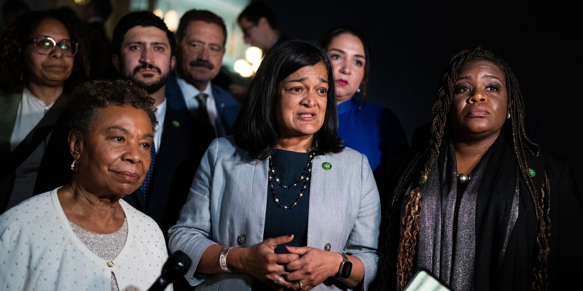 Reps. Barbara Lee, Pramila Jayapal, and Cori Bush talk with reporters