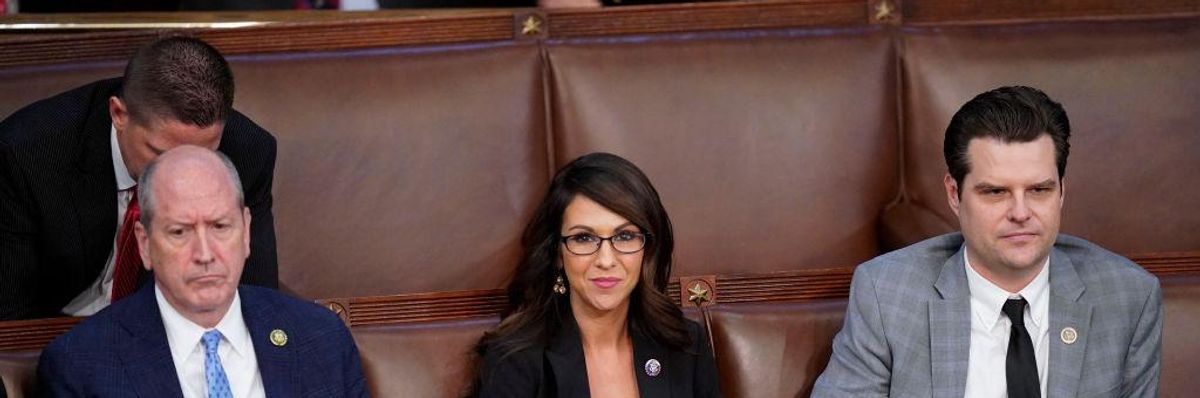 Reps. Dan Bishop (R-N.C.), Lauren Boebert (R-Colo.), and Matt Gaetz (R-Fla.) watch floor