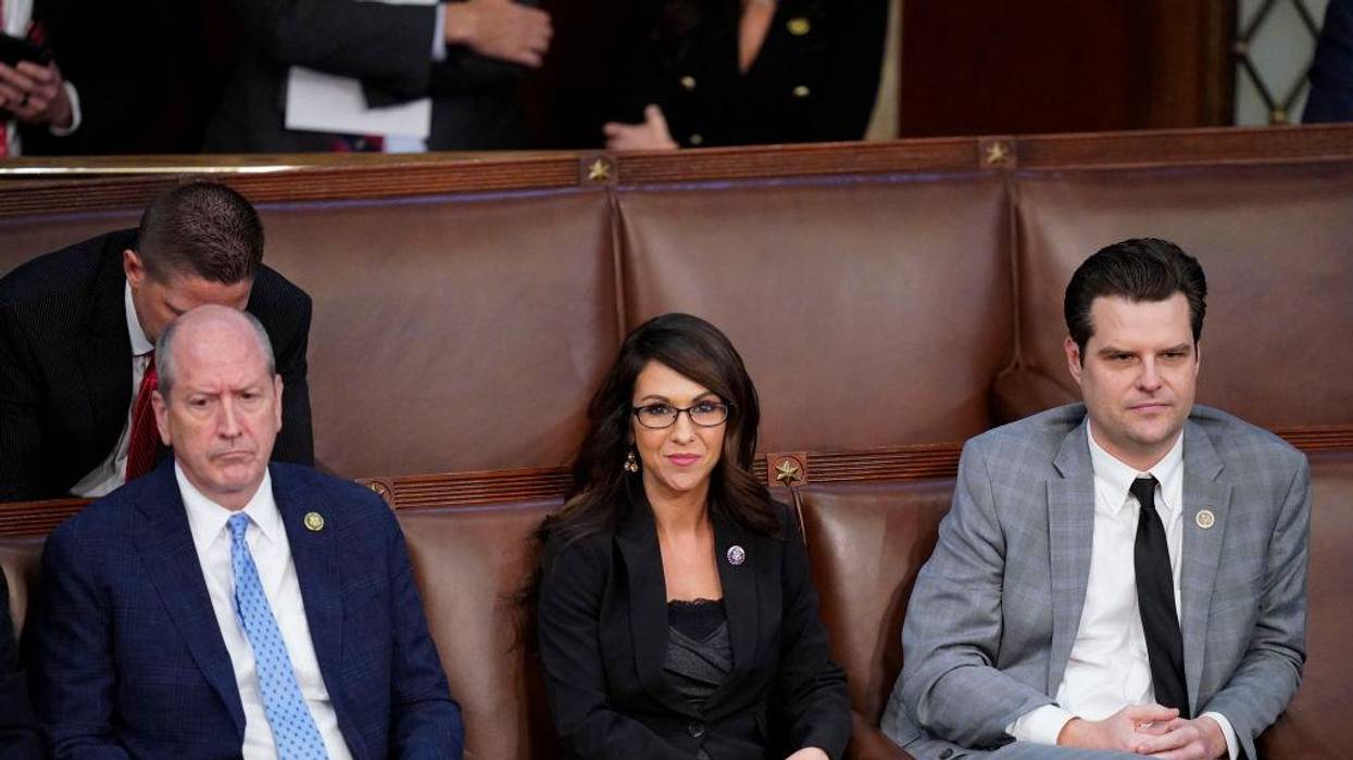 Reps. Dan Bishop (R-N.C.), Lauren Boebert (R-Colo.), and Matt Gaetz (R-Fla.) watch floor