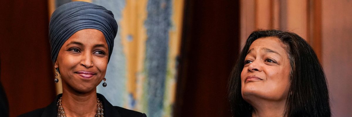 Reps. Ilhan Omar and Pramila Jayapal attend an event in Washington, D.C.