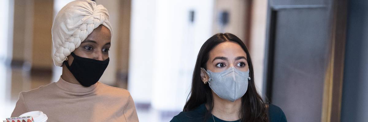 Reps. Ilhan Omar (D-Minn.) and Alexandria Ocasio-Cortez (D-N.Y.) are seen in the U.S. Capitol in Washington, D.C. on August 24, 2021.