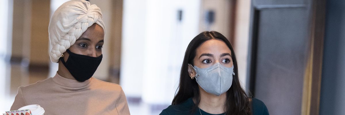 Reps. Ilhan Omar (D-Minn.) and Alexandria Ocasio-Cortez (D-N.Y.) are seen in the U.S. Capitol in Washington, D.C. on August 24, 2021.