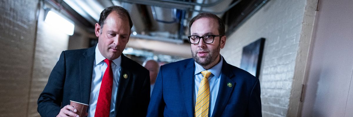 Reps. Jason Smith (R-Mo.) and Andy Barr (R-Ky.) are seen outside a House Republican Conference meeting