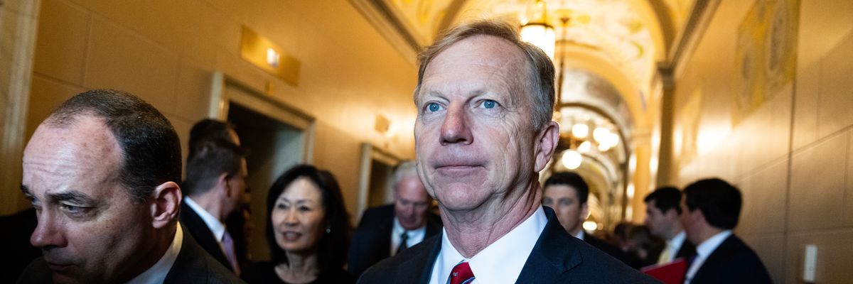 Reps. Kevin Hern (R-Okla.), right, and Bob Good (R-Va.) arrive for a news conference