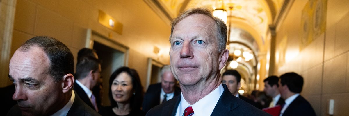 Reps. Kevin Hern (R-Okla.), right, and Bob Good (R-Va.) arrive for a news conference