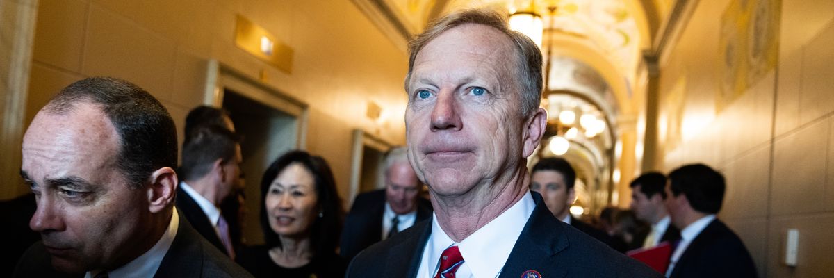 Reps. Kevin Hern (R-Okla.), right, and Bob Good (R-Va.) arrive for a news conference