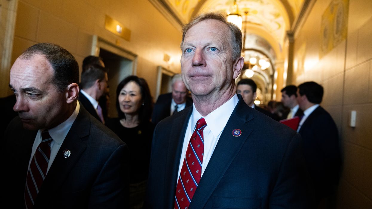 Reps. Kevin Hern (R-Okla.), right, and Bob Good (R-Va.) arrive for a news conference