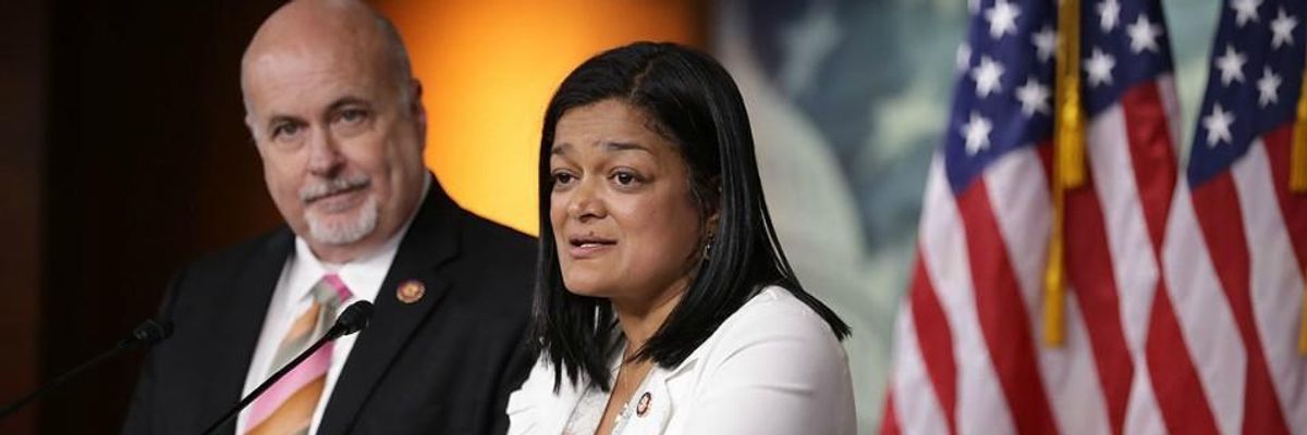 Reps. Mark Pocan and Pramila Jayapal at a press conference