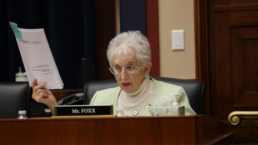 Republican Congresswoman Virginia Foxx of North Carolina holds up a report as she speaks.