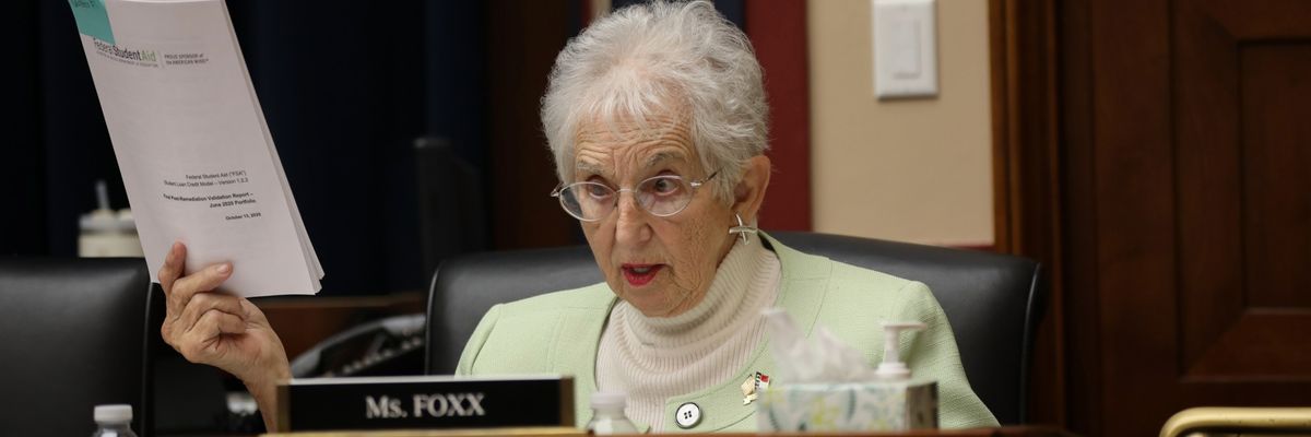 Republican Congresswoman Virginia Foxx of North Carolina holds up a report as she speaks.