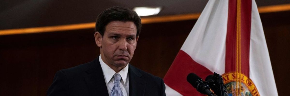 Republican Florida Gov. Ron DeSantis answers questions following his State of the State address in Tallahassee on March 7, 2023.