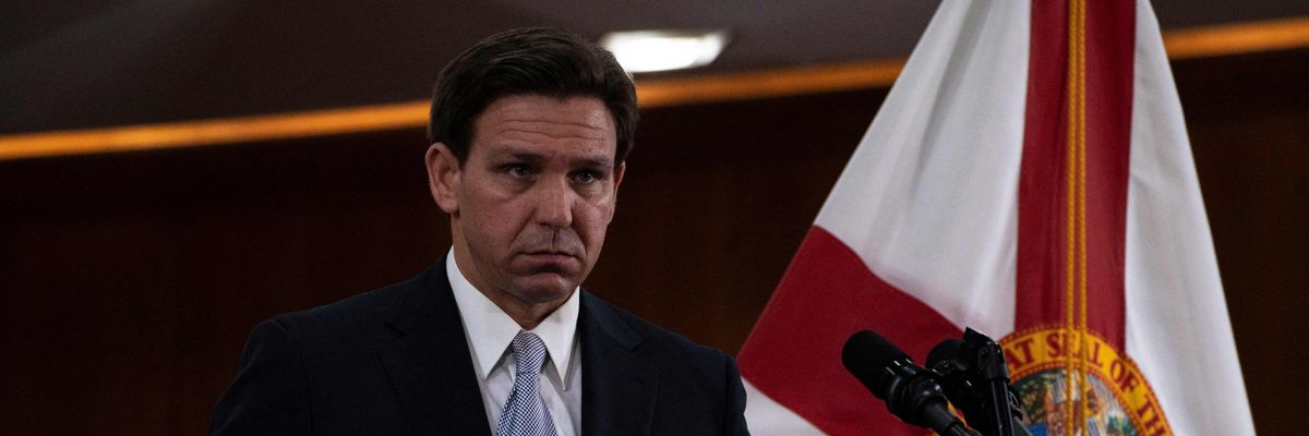 Republican Florida Gov. Ron DeSantis answers questions following his State of the State address in Tallahassee on March 7, 2023.