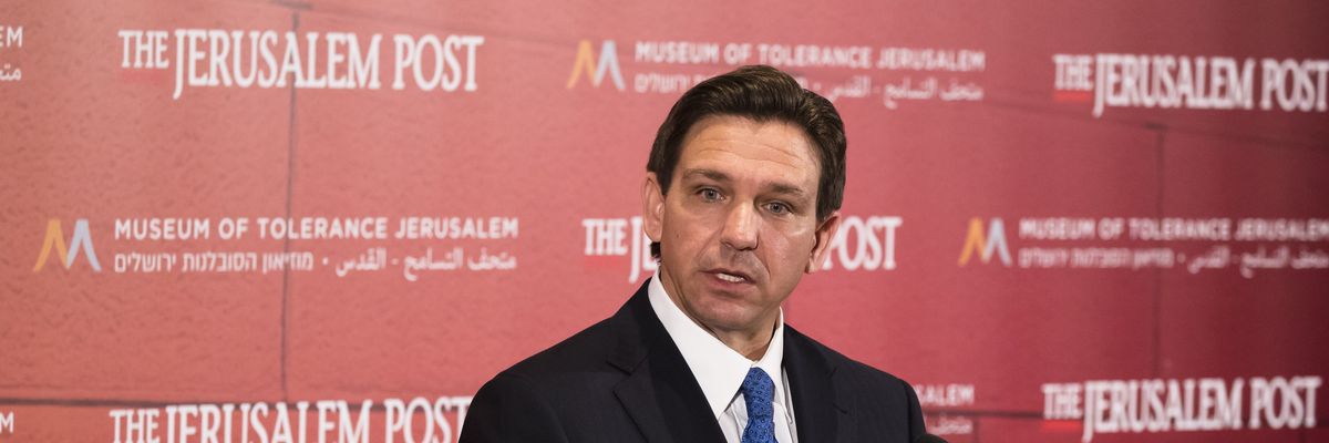 Republican Florida Gov. Ron DeSantis speaks at a press conference in Israel on April 27, 2023.