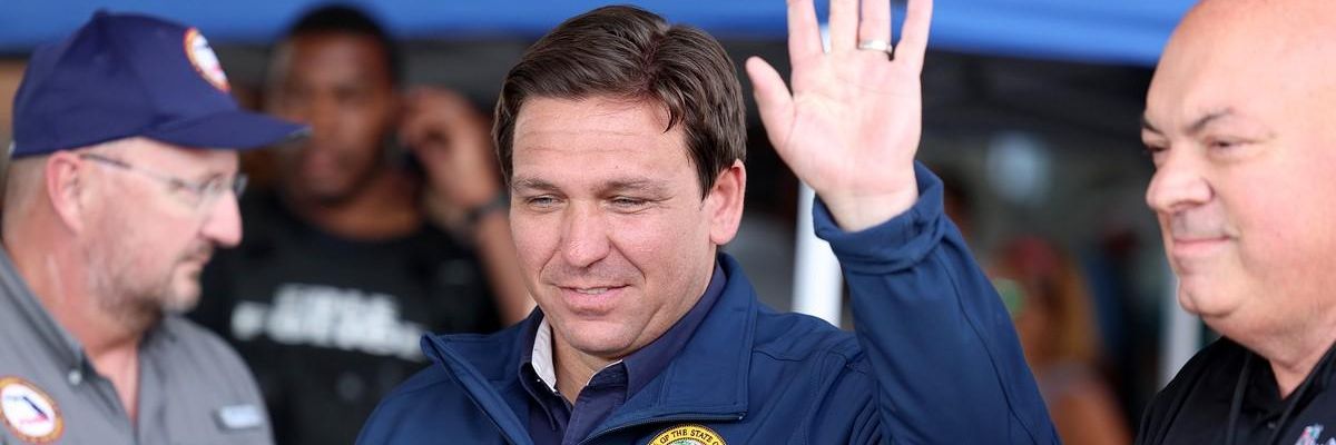 Republican Florida Gov. Ron DeSantis speaks during a press conference after Hurricane Ian on October 4, 2022 in Cape Coral.