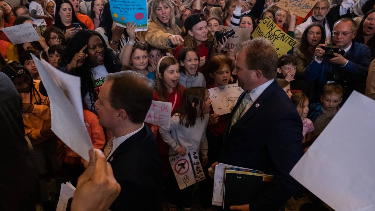 Republican Tennessee Rep. William Lamberth enters the House chamber as protesters demand gun safety laws on April 3, 2023 in Nashville.