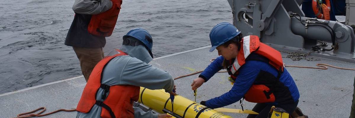 Researchers prepare to deploy a glider instrument into the ocean. 