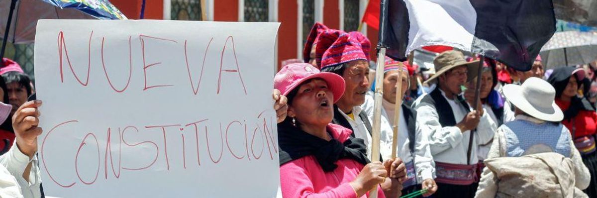 Residents of the Uros and Taquile islands in Lake Titicaca, border with Bolivia, protest in the city of Puno, Peru