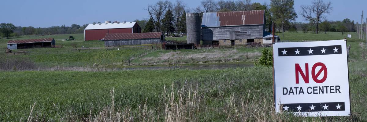 Residents put up No Data Center signs to oppose Project Bluestem in Tonganoxie, Kansas.