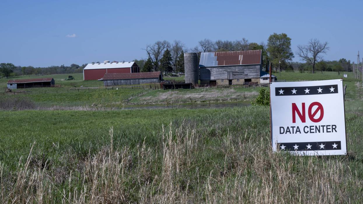 Residents put up No Data Center signs to oppose Project Bluestem in Tonganoxie, Kansas.