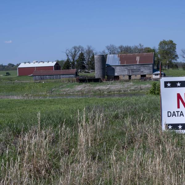 Residents put up No Data Center signs to oppose Project Bluestem in Tonganoxie, Kansas.