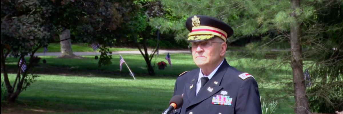 Retired Army Lt. Col. Barnard Kemter speaking at a Memorial Day event in Hudson, Ohio.