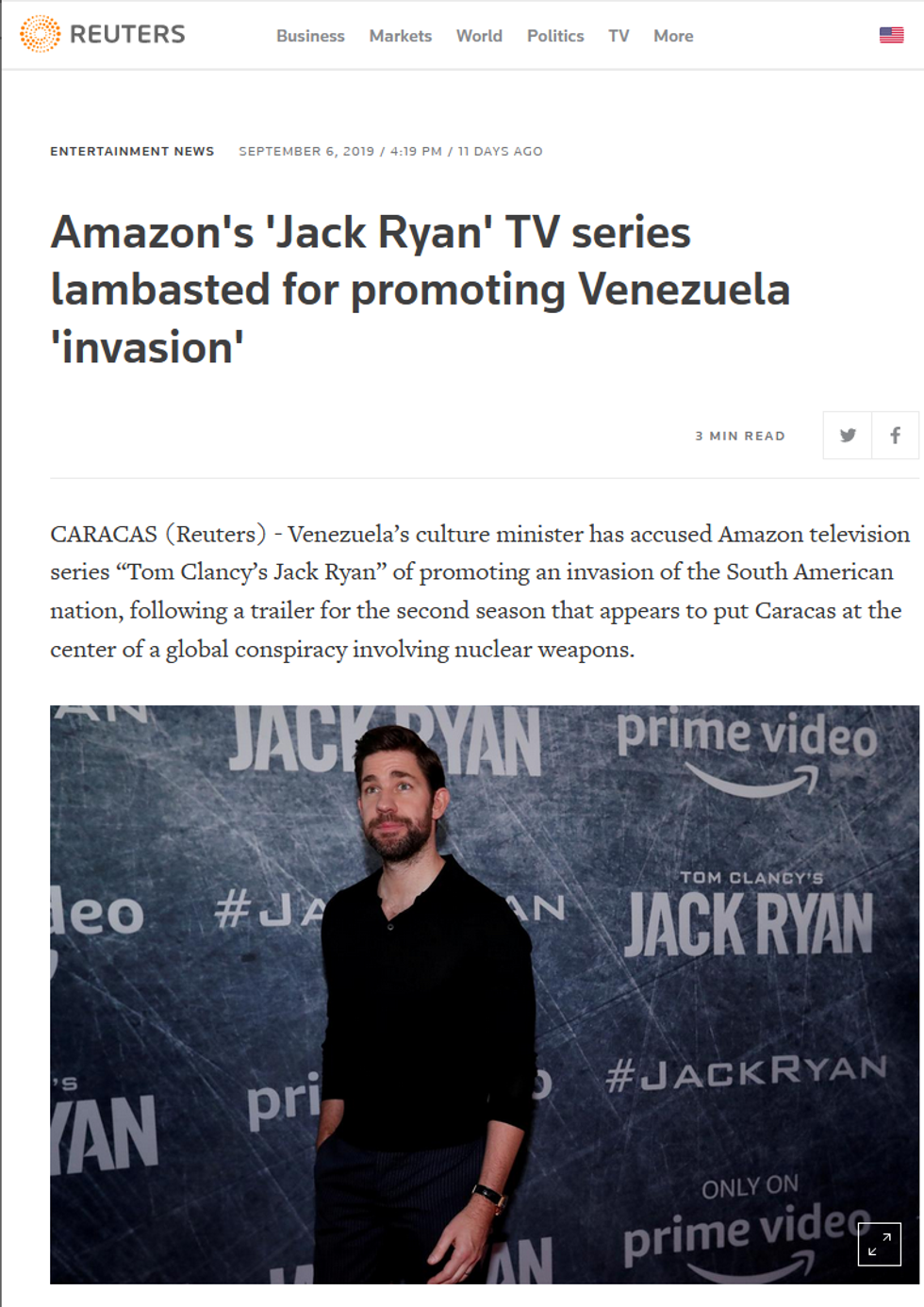Reuters: Amazon's 'Jack Ryan' TV series lambasted for promoting Venezuela 'invasion'