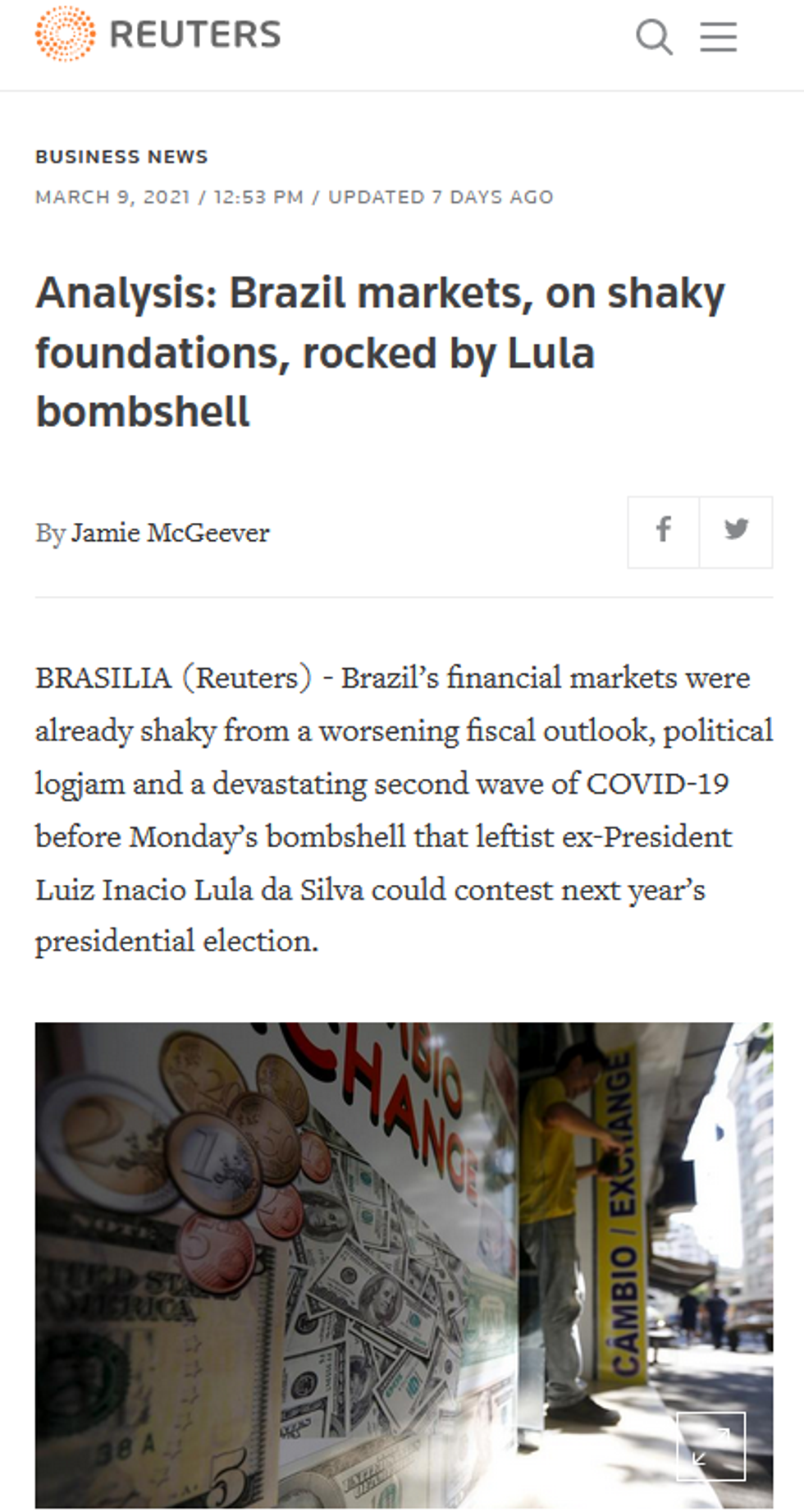 Reuters: Brazil markets, on shaky foundations, rocked by Lula bombshell