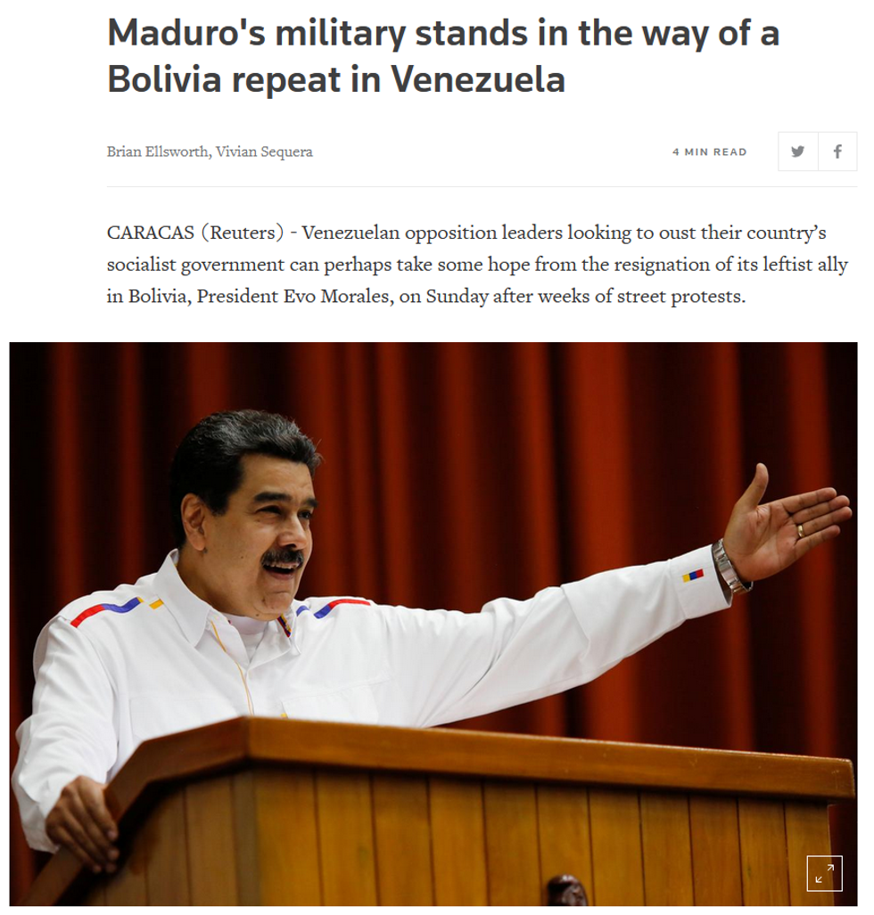 Reuters: Maduro's military stands in the way of a Bolivia repeat in Venezuela