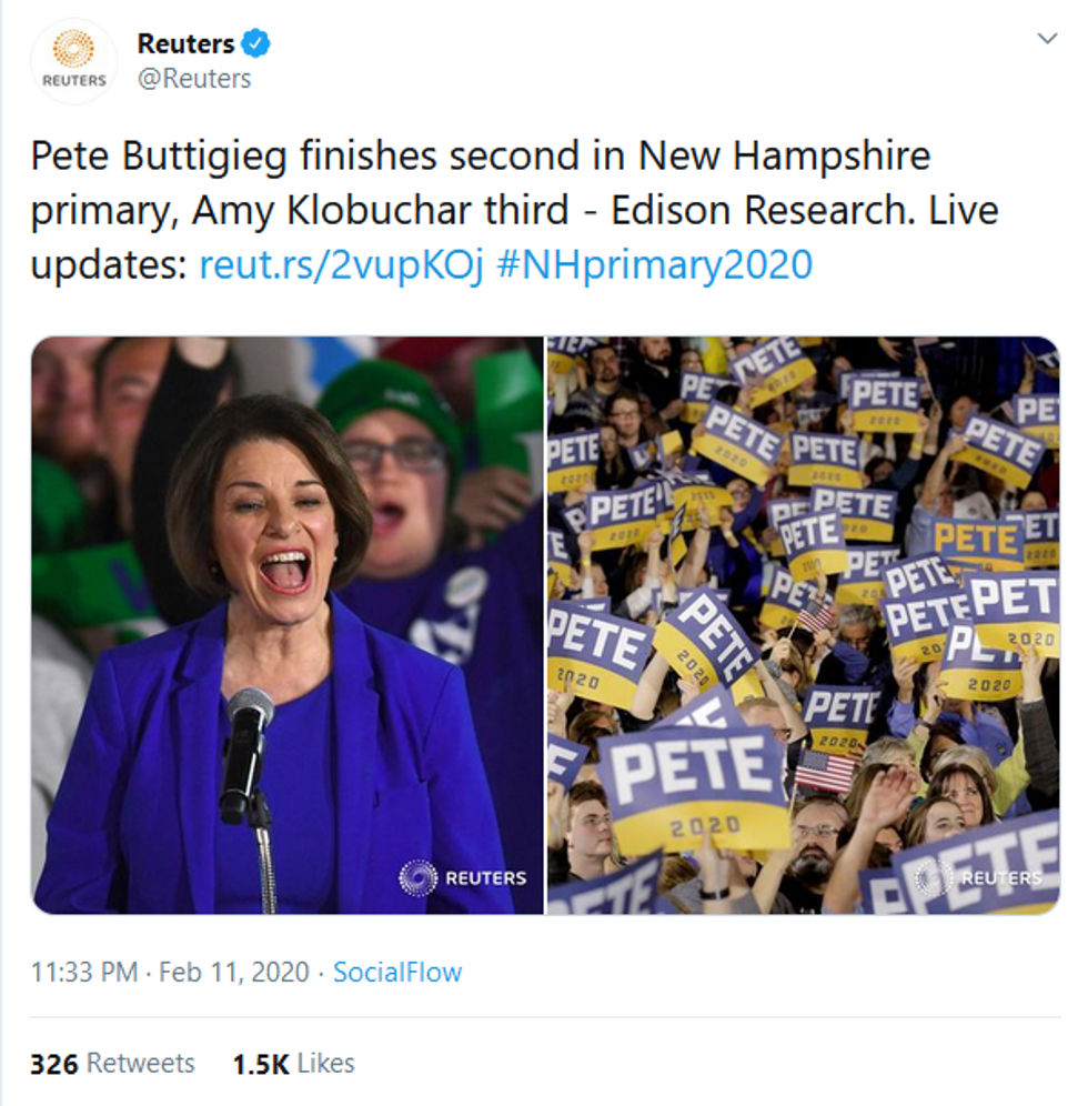 Reuters: Pete Buttigieg finishes second in New Hampshire primary, Amy Klobuchar third