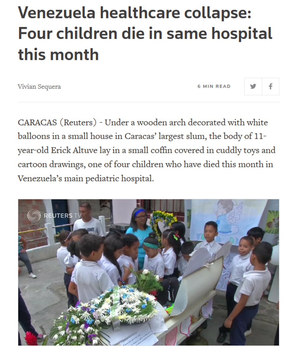 Reuters: Venezuela healthcare collapse: Four children die in same hospital this month