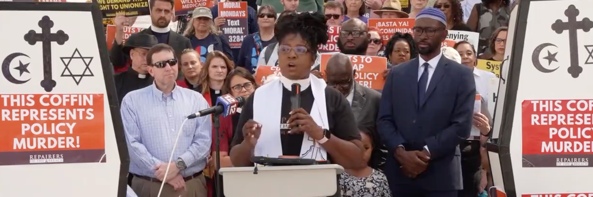 Rev. Dr. Hanna Broome speaks at a Moral Mondays protest