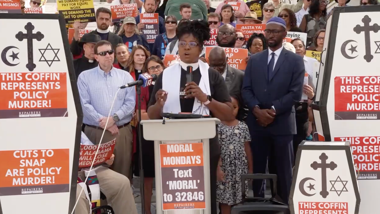 Rev. Dr. Hanna Broome speaks at a Moral Mondays protest