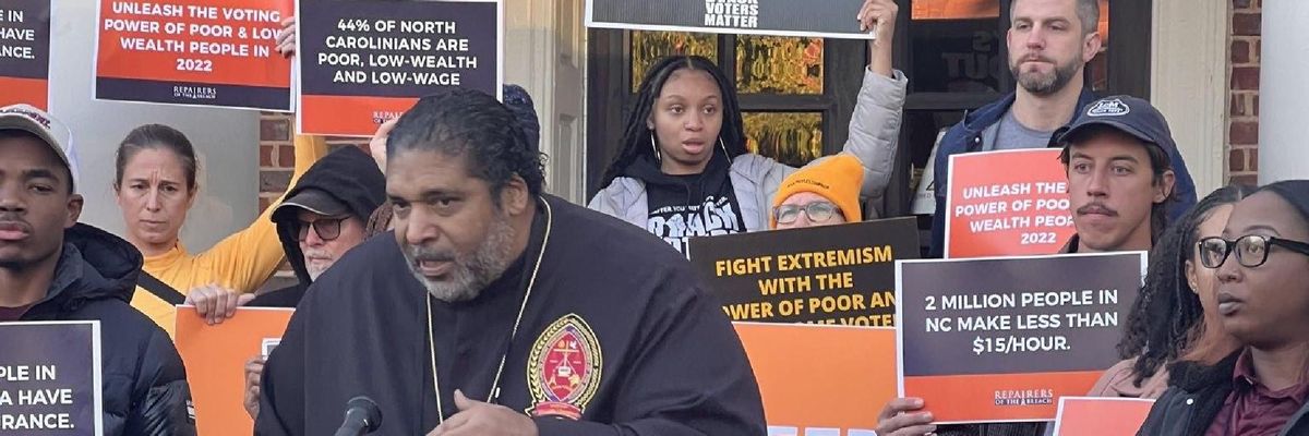 Rev. William Barber speaks during a rally in Durham, North Carolina