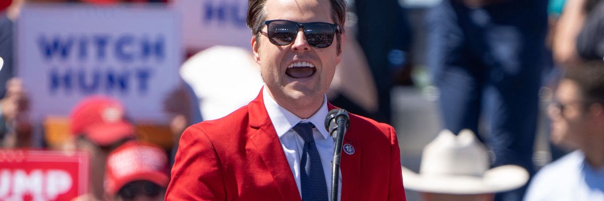 Right-wing Rep. Matt Gaetz, in red carnival barker jacket, speaks at Waco Trump Rally 