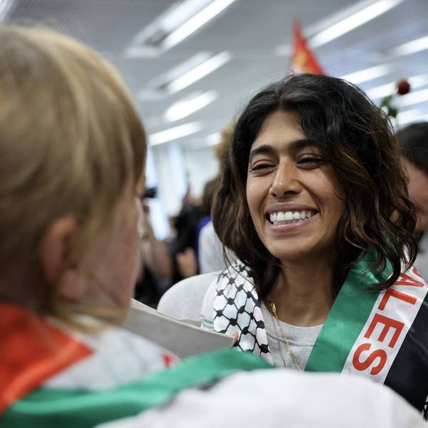 Rima Hassan is greeted by supporters upon returning to France after taking part in a Gaza Freedom Flotilla mission