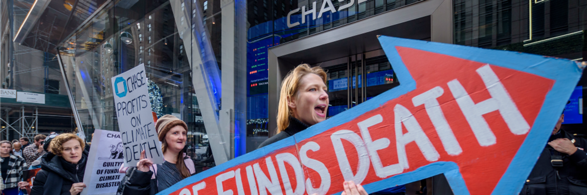 Rise and Resist, with co-sponsor Rainforest Action Network, stormed the bank's new headquarters in central Manhattan on Nov. 20, 2019 demanding an end to its massive financing of the climate crisis.