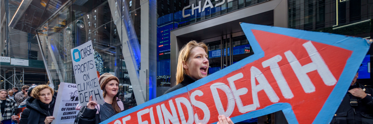 Rise and Resist, with co-sponsor Rainforest Action Network, stormed the bank's new headquarters in central Manhattan on Nov. 20, 2019 demanding an end to its massive financing of the climate crisis. 