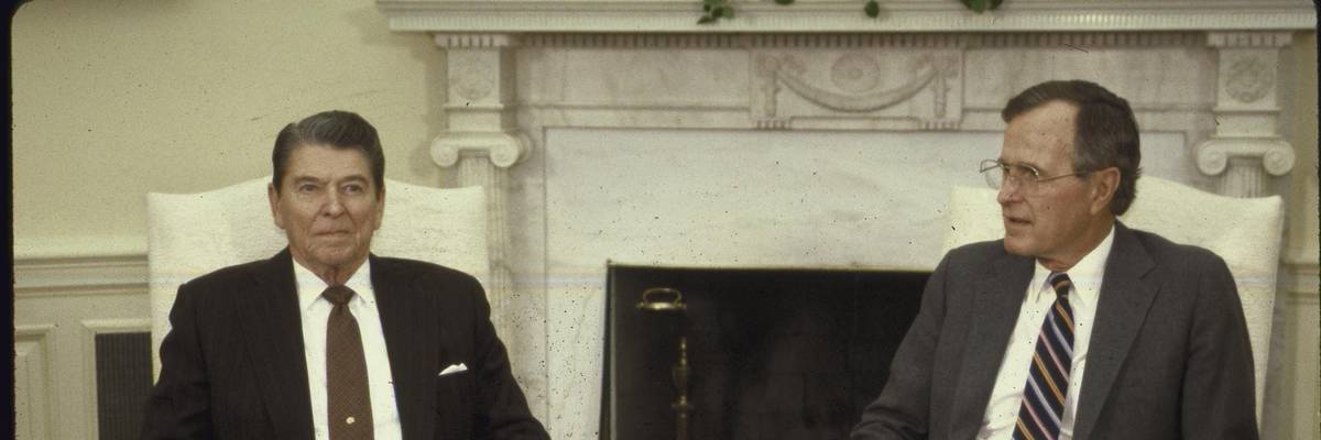 Ronald Reagan and George H.W. Bush in the Oval Office