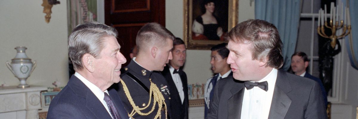 Ronald Reagan shaking hands with Donald Trump