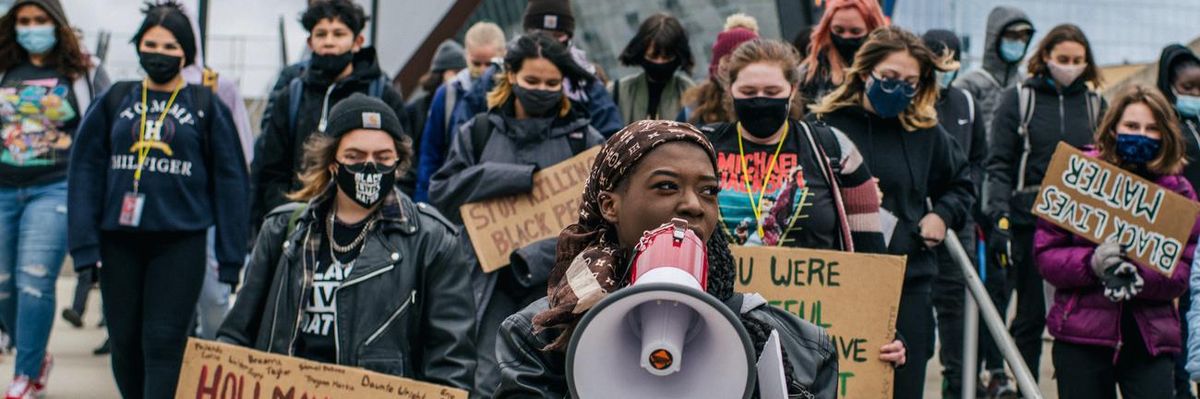 Roosevelt High School students and hundreds of other pupils from local schools took part in protests in downtown Minneapolis, Minnesota on April 19, 2021 as closing arguments were delivered in the trial of former police officer Derek Chauvin, who is accused of murdering unarmed Black man George Floyd last May.