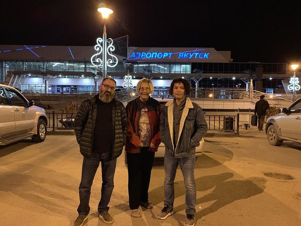 Rotarian hosts in Yakutsk. Alexi and Yvegeny with Ann Photo by Ann Wright