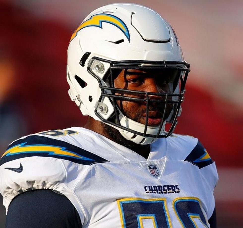 Russell Okung of the Los Angeles Chargers before an exhibition game in August. (Photo: John Hefti/Associated Press)