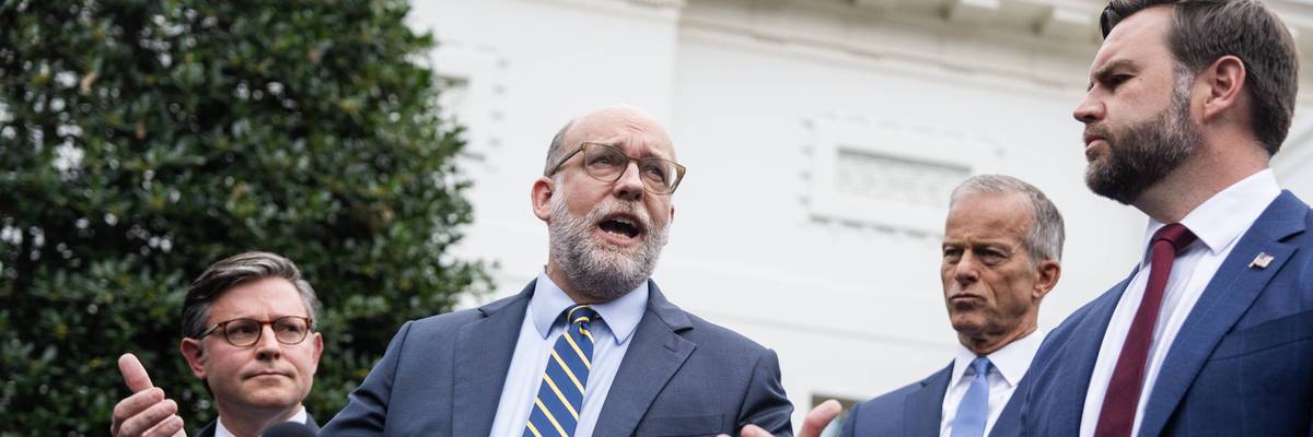 Russell Vought speaks during a press conference