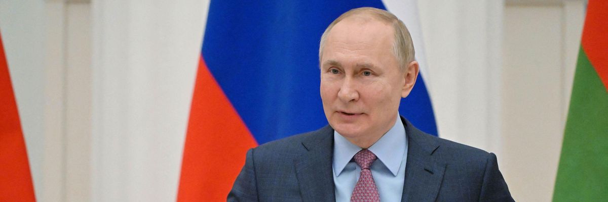 Russia's President Vladimir Putin speaks during a press conference with his Belarus counterpart, following their talks at the Kremlin in Moscow on February 18, 2022