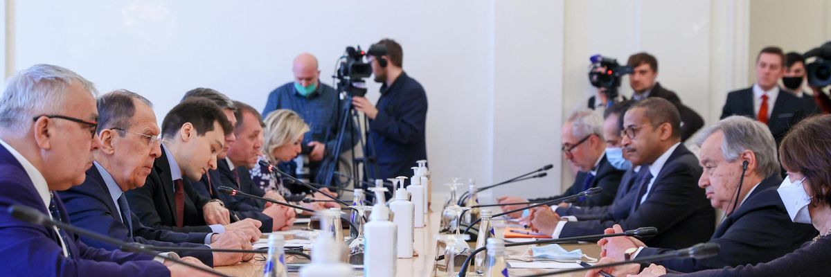 Russian Foreign Minister Sergei Lavrov (2nd L) meets United Nations Secretary-General António Guterres (2nd R) in Moscow on April 26, 2021. (Photo: Russian Foreign Ministry/Handout/Anadolu Agency via Getty Images)