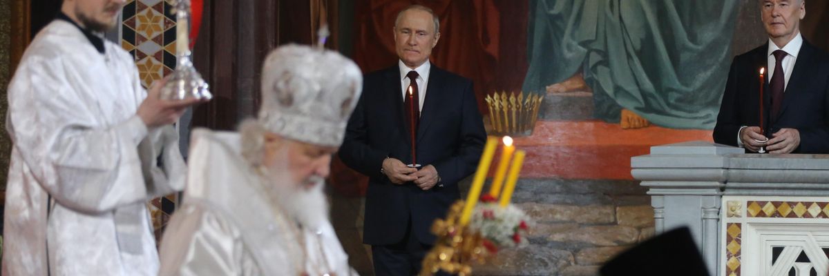 Russian President Vladimir Putin and Moscow Mayor Sergei Sobyanin attend an Orthodox Easter mass led by Russian Orthodox Patriarch Kirill