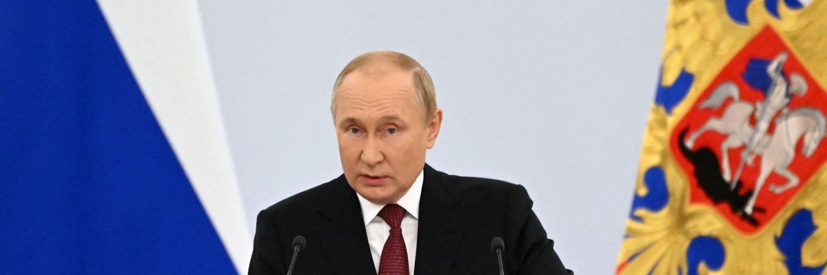 Russian President Vladimir Putin gives a speech at the Kremlin in Moscow on September 30, 2022.