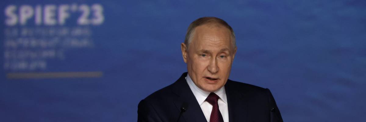 Russian President Vladimir Putin makes a speech at the St. Petersburg International Economic Forum on June 16, 2023 in Saint Petersburg, Russia.