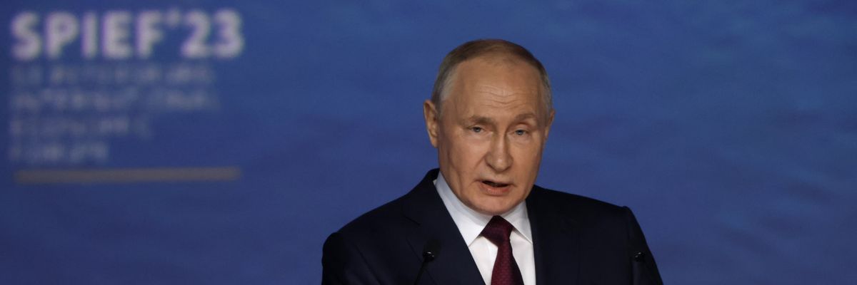 Russian President Vladimir Putin makes a speech at the St. Petersburg International Economic Forum on June 16, 2023 in Saint Petersburg, Russia.